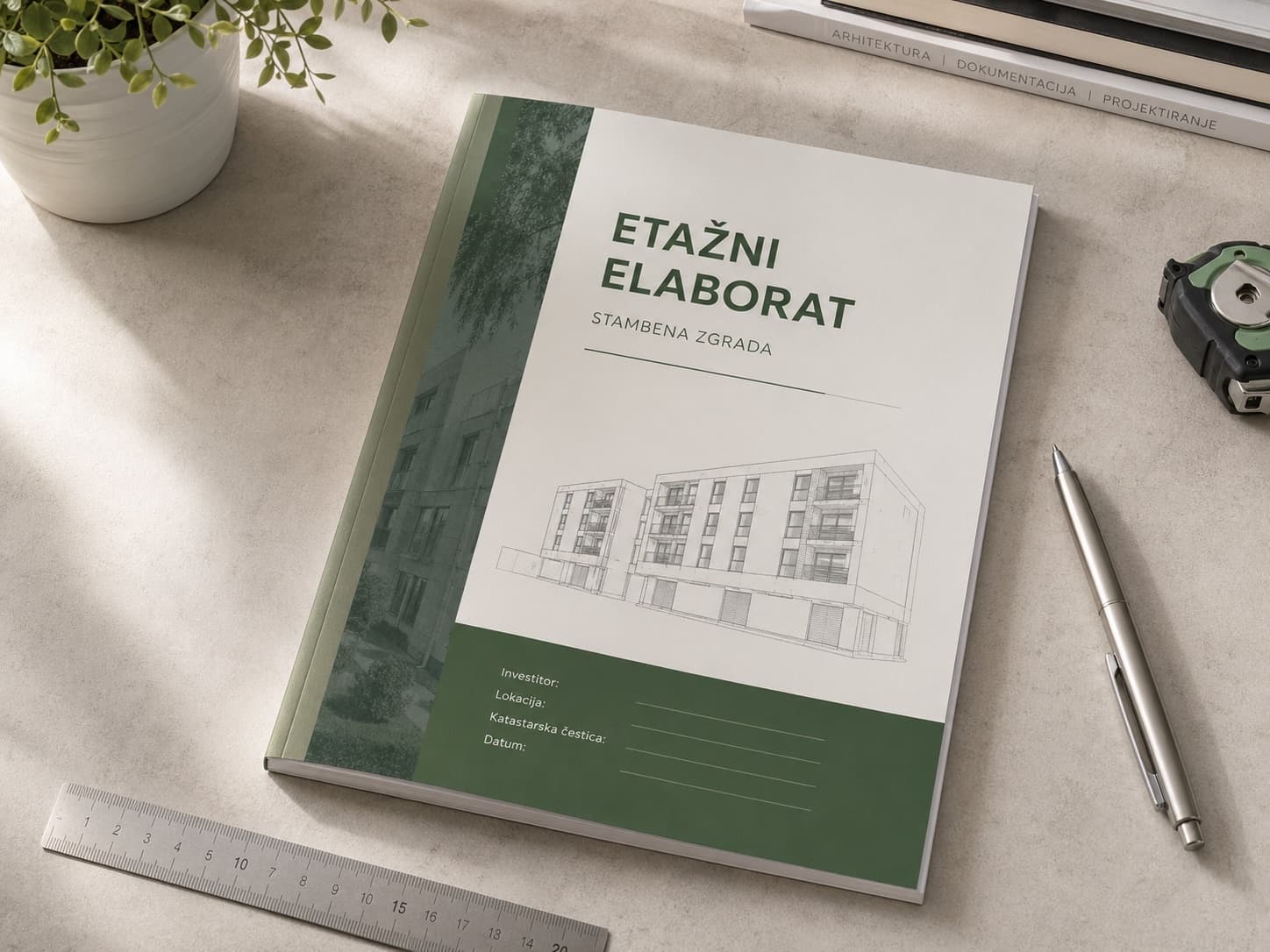 Zatvoreni etažni elaborat za stambenu zgradu na uredskom stolu