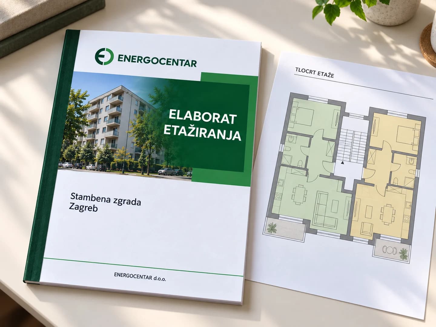 Ogledni elaborat etažiranja uz tlocrt s označenim posebnim dijelovima zgrade